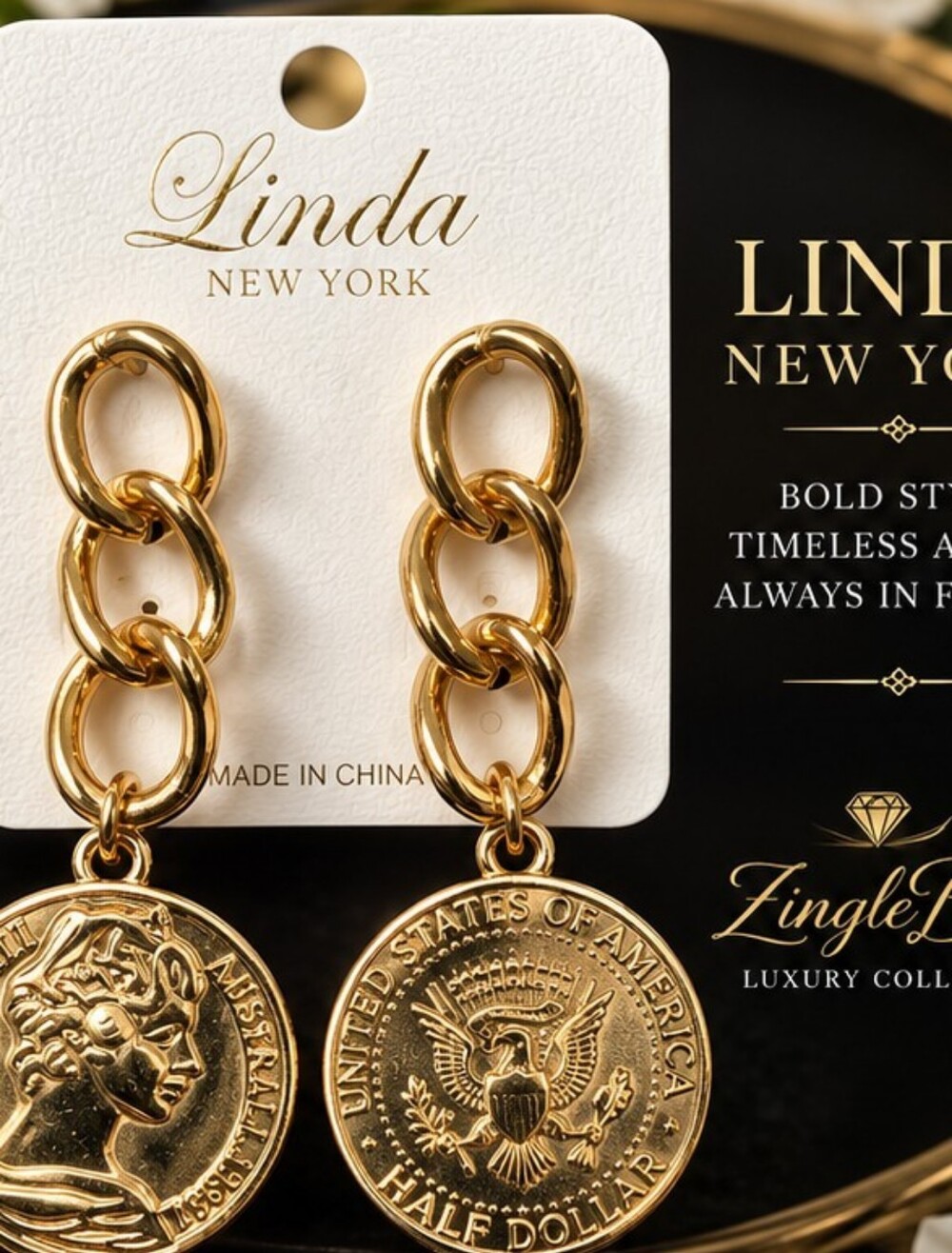Linda New York Gold Tone Coin Medallion Chain Drop Earrings NOC